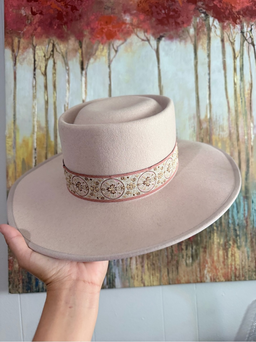 Blush Wide-Brim Felt Hat with Embroidered Band